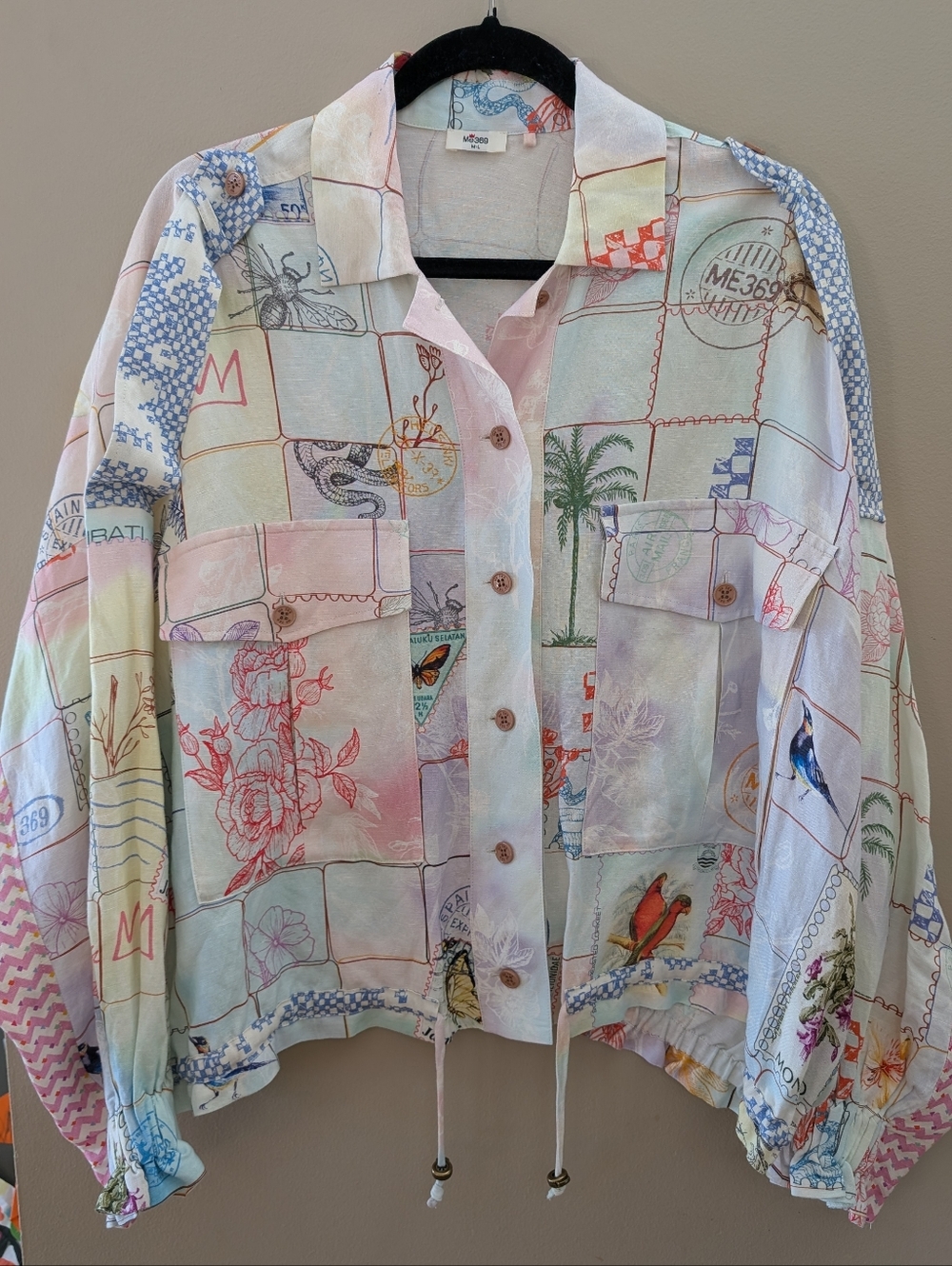 Me369 Lia Heritage Utility Jacket Linen Botanical Shacket M/L Fits Bigger NWOT